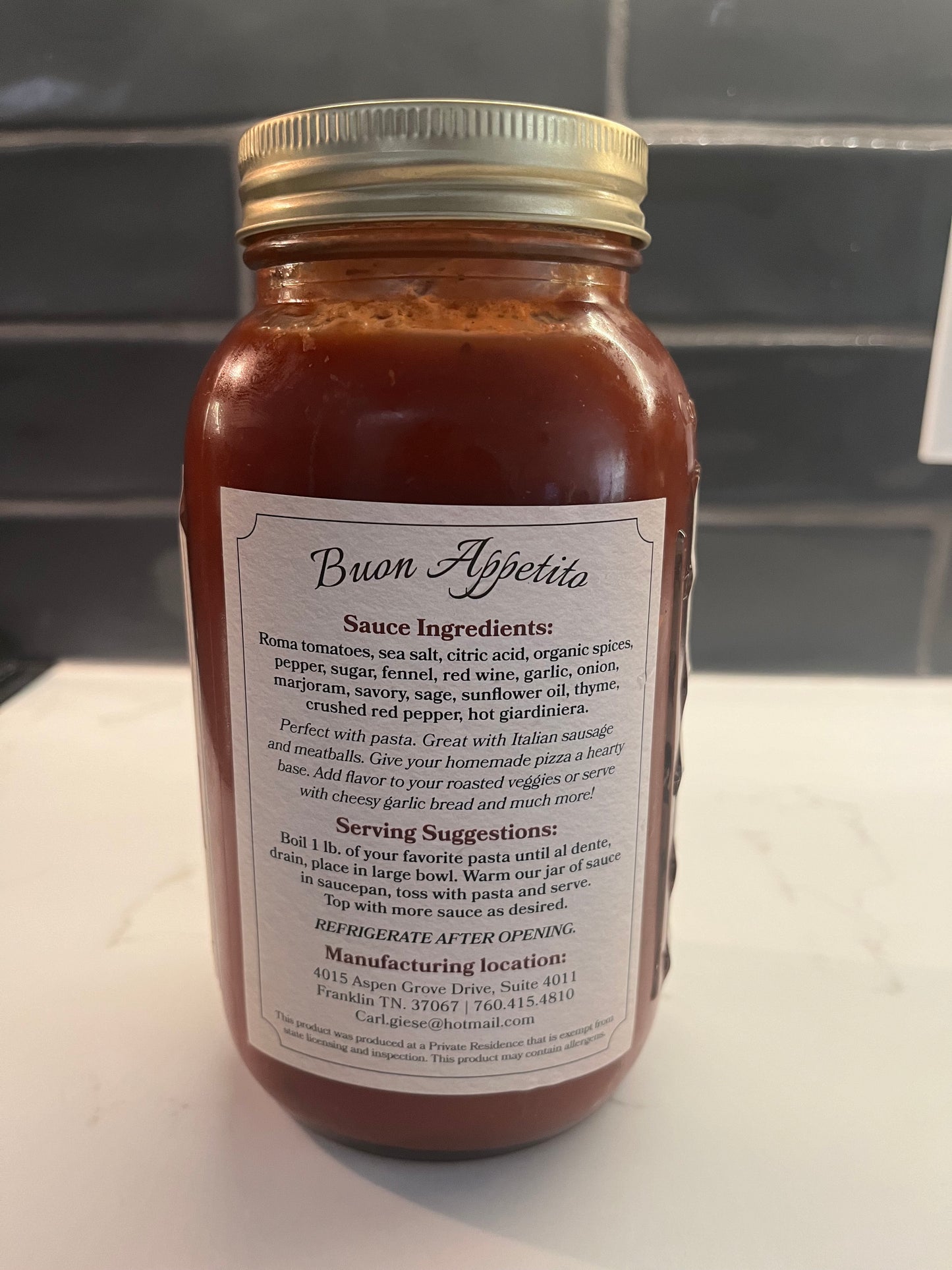 1 quart (32 oz) Jar of Helen Marie's Pasta Sauce